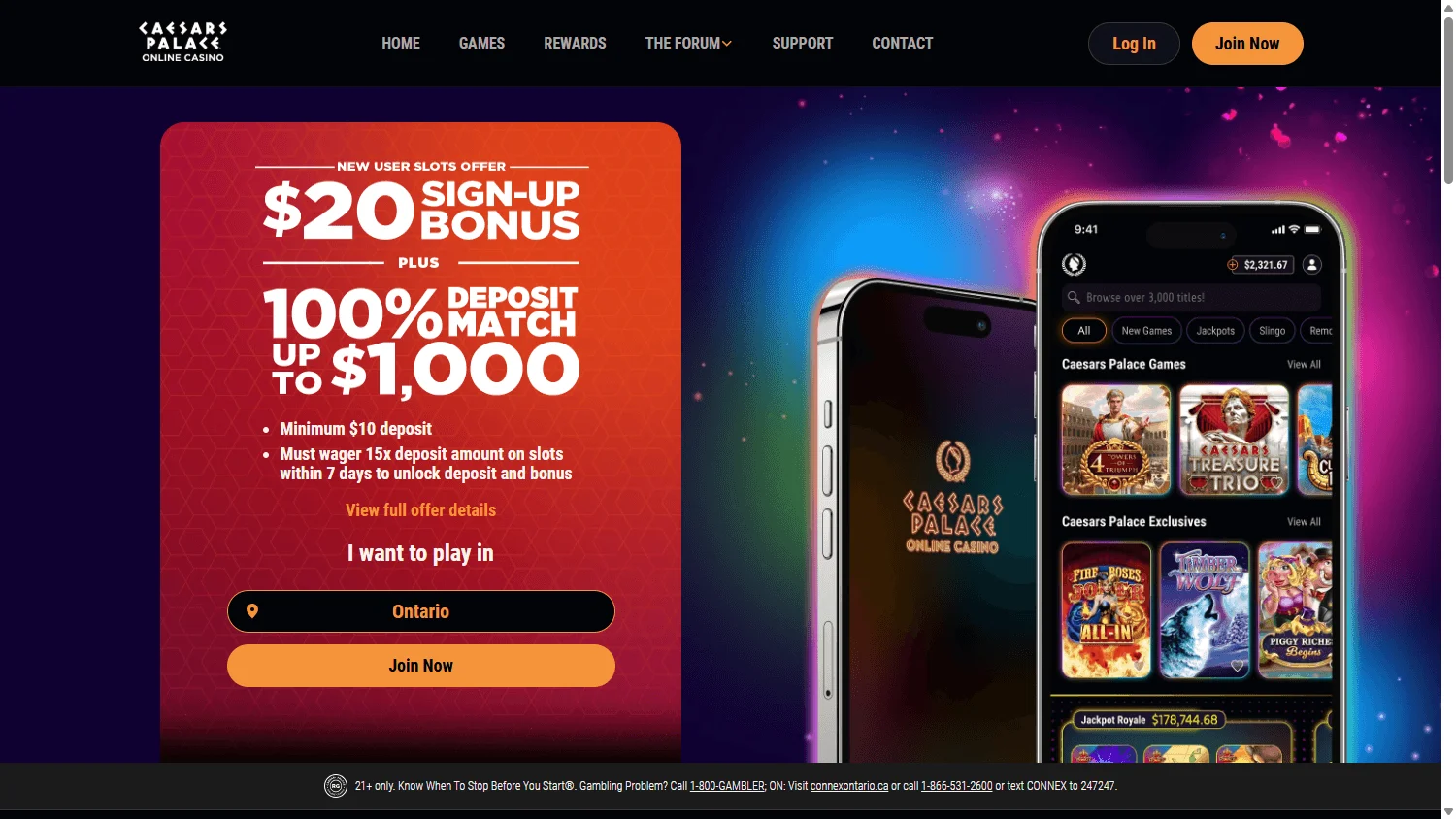 Caesars Casino home experience on desktop