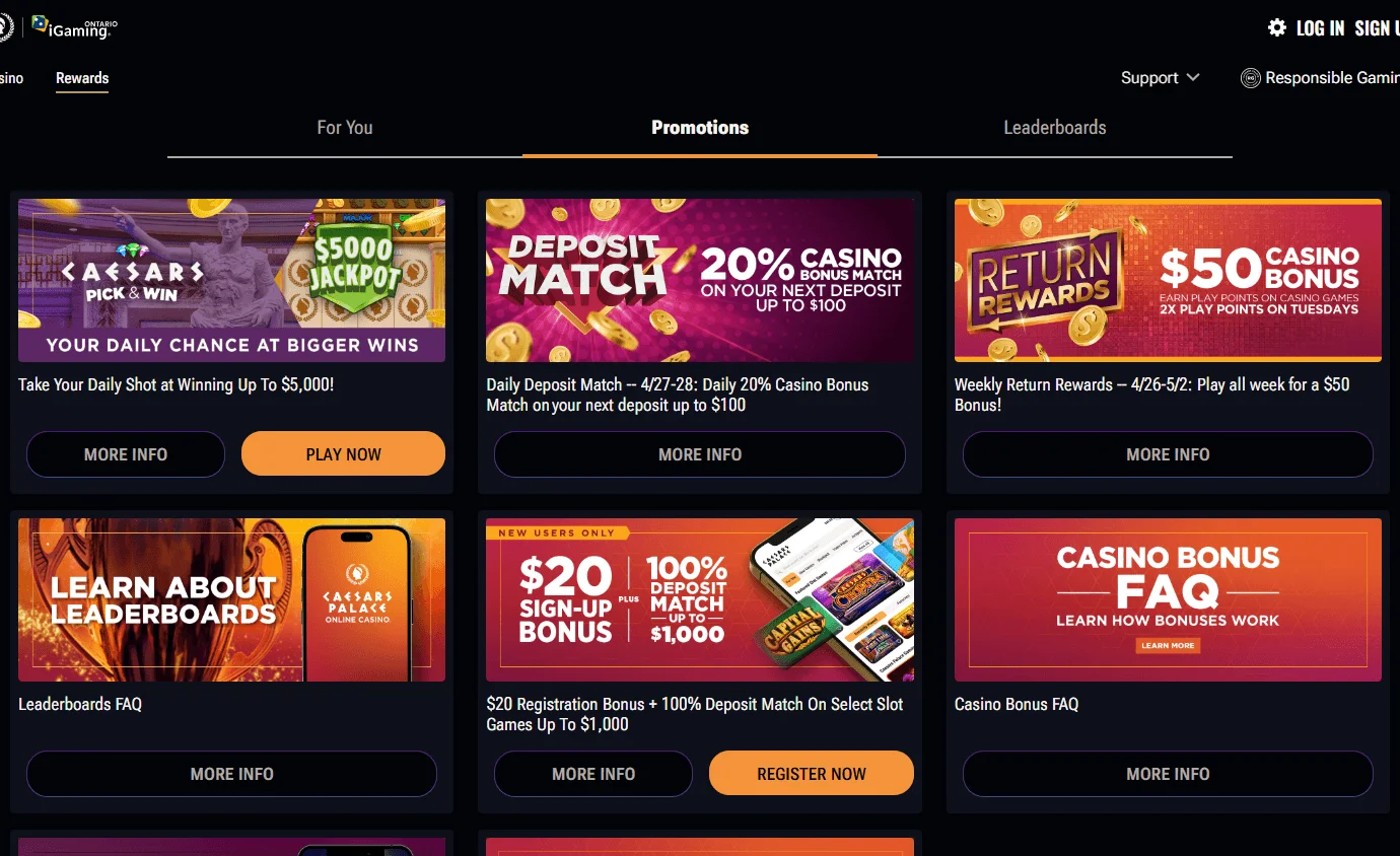 Caesars Casino promotions on desktop